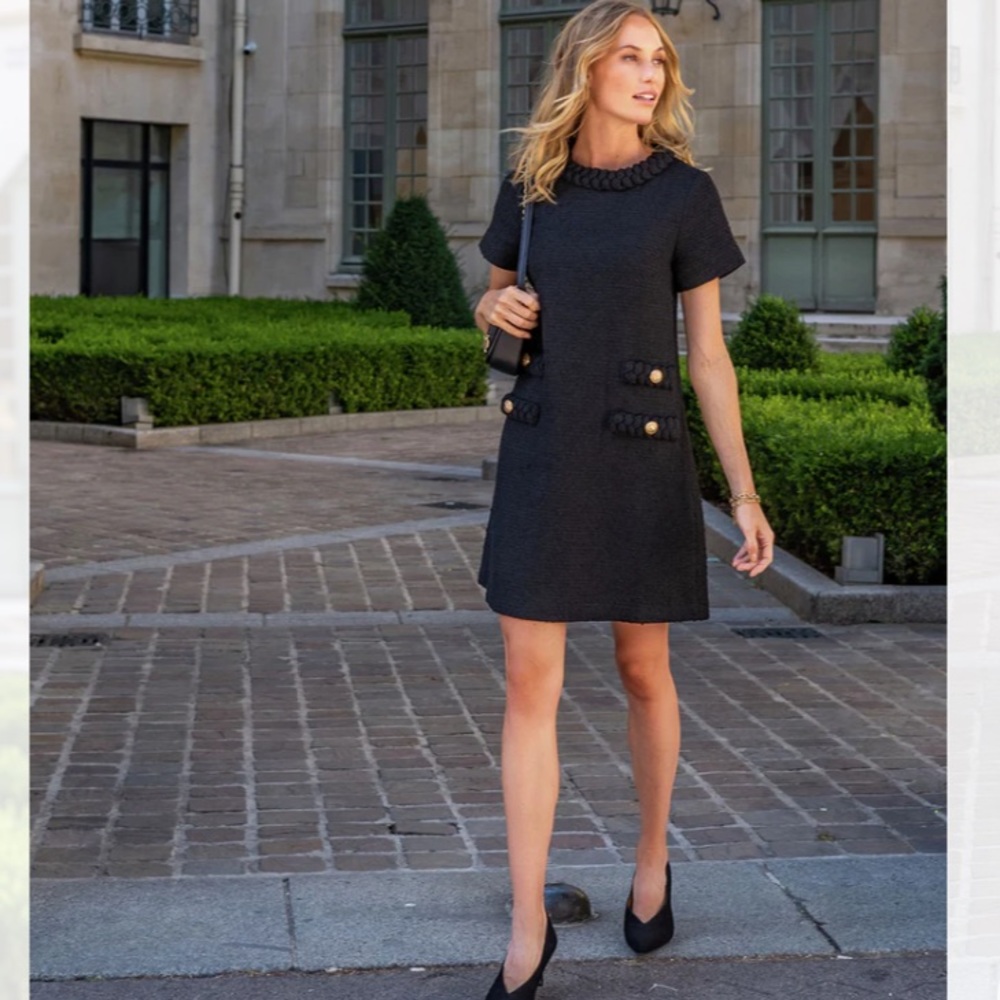 Tuckernuck Black Short-Sleeve Textured Mini Dress with Braided Neckline